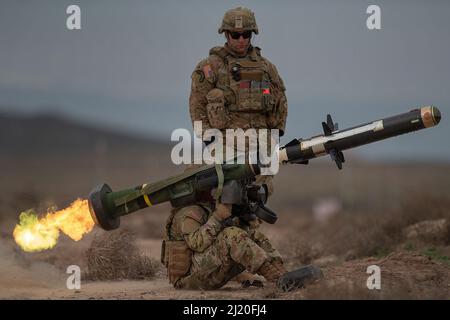 In un momento storico di addestramento per la Guardia Nazionale dell'Esercito Idaho, soldati della Charlie Company, 2-116th Combined Arms Battaglione, 116th Cavalry Brigade Combat Team, Sparato il MGF - Javelin portatile anti-missile serbatoio la Domenica mentre conducendo una serie di esercizi di campo di allenamento in programma per la settimana sulle gamme Orchard Combat Training Center. Foto Stock