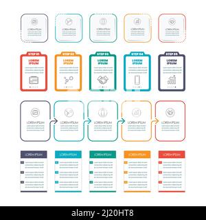 Insieme di elementi del modello infografico. Cornice con cinque gradini modello quadrato. Illustrazione vettoriale Illustrazione Vettoriale