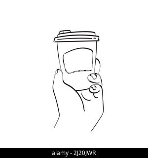 Mockup di mano maschile che tiene un caffè carta tazza illustrazione vettore disegnato a mano isolato su sfondo bianco art. Illustrazione Vettoriale