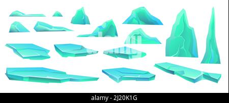 Set di blocchi di ghiaccio. Pezzi di ghiaccio frost. Oggetti congelati invernali. Isolato su sfondo bianco. Vettore. Illustrazione Vettoriale