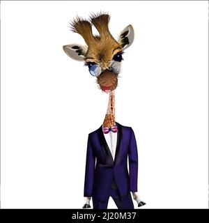 Giraffa in tuxedo blu e bow tie, indossare occhiali a vapore, illustrazione vettoriale, stampa elegante per t-shirt, pigiama, diario, tazza Illustrazione Vettoriale