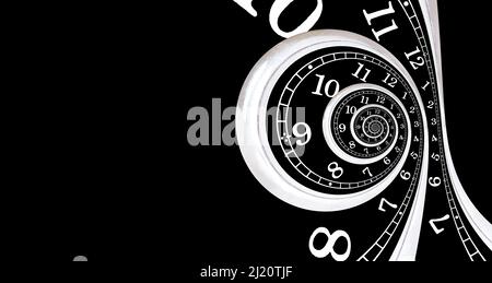 Sfondo astratto in bianco e nero fatto di un quadrante di orologio ritorto. Concetto di vortice del tempo creativo. Foto Stock