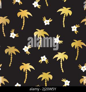 Golden Palm trees bianco Hibiscus fiori senza giunture vettoriale sfondo nero. Silhouette di palme in lamina d'oro con motivo ricorrente. Elegante floreale tropicale Illustrazione Vettoriale
