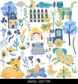 Grandi elementi set in giallo e blu foglie di colori, fiori, ragazza, cane divertente, pulcino carino, rana sul laghetto, agnello, gatto e altro. Giornate di sole. Cuore e amore in Ucraina. Stile boho. Illustrazione vettoriale. Illustrazione Vettoriale