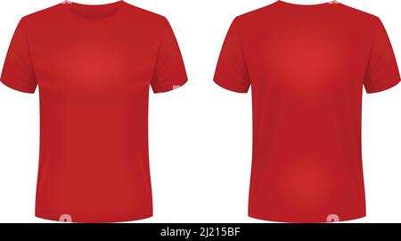 Modello T-shirt rosso vuoto. Vista anteriore e posteriore. Illustrazione vettoriale fotorealistica. Illustrazione Vettoriale