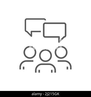 Gruppo di persone e icona della chat. Lavoro di squadra, fumetto vocale, persona parlante delineato icone vettoriali. Illustrazione Vettoriale