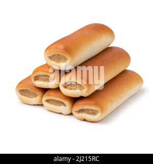 La salsiccia di Brabantian appena sfornata si avvicina per uno spuntino isolato su sfondo bianco Foto Stock