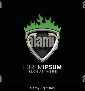 testa a toro con schermo e illustrazione fuoco per il vettore di disegno del logo di esports Illustrazione Vettoriale