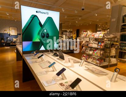 Apple iPhone 13 telefono cellulare display in John Lewis a Home Shop, Ipswich, Suffolk, Inghilterra, Regno Unito Foto Stock