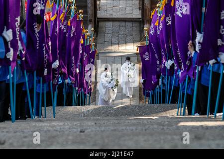 iida, nagano, giappone, 2022/24/03 , i sacerdoti Shinto salendo i gradini che portano al santuario di Omiya verso la fine della processione religiosa dove t Foto Stock