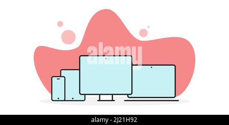 Icone del dispositivo: Smartphone, tablet, notebook e computer desktop. Sfondo di forme organiche. Illustrazione vettoriale, design piatto Illustrazione Vettoriale