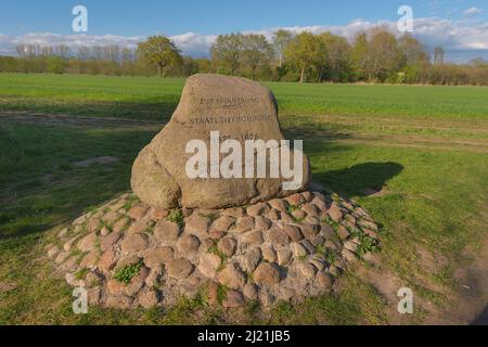 pietra commemorativa per la perforazione più profonda presso la fossa di calce Lieth, nazionale geotop, Germania, Schleswig-Holstein Foto Stock