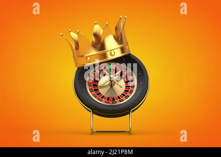 Golden Crown su Black Casino Roulette Wheel su sfondo arancione. 3D rendering Foto Stock