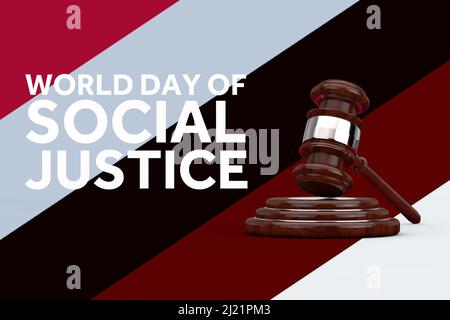 Giornata mondiale della giustizia sociale. Giustizia in legno Gavel e la Giornata Mondiale della Giustizia sociale segno su uno sfondo multicolore. 3D rendering Foto Stock