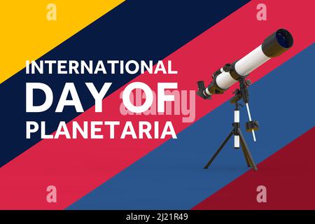Giornata Internazionale Planetaria. Bianco Modern Mobile Telescope su treppiede e Giornata Internazionale di Planetaria Sign on a multicolore background. 3 Foto Stock