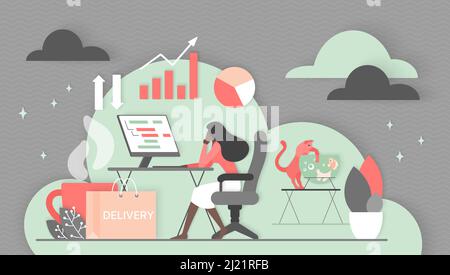 Lavoro remoto da casa. Analisi aziendale da una donna piccola seduta al monitor del computer e lavorare con freccia crescente grafico e report online documenti flat vettoriale illustrazione. Concetto di freelance Illustrazione Vettoriale