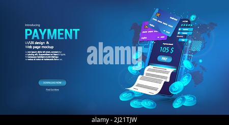 Gestione finanziaria online, pagamenti di fatture, trasferimenti di denaro tramite smartphone Illustrazione Vettoriale