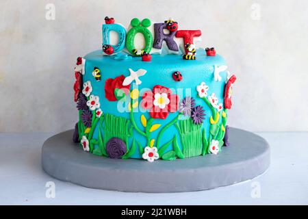 Torta dal design speciale per il compleanno dei bambini su sfondo bianco. Foto Stock