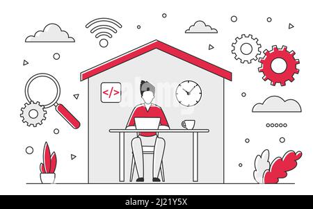 Lavorare lontano da casa e stare al sicuro. Autogestione dei dipendenti e organizzazione vettore monocolore illustrazione Illustrazione Vettoriale