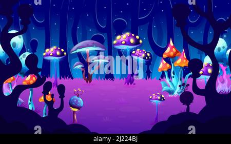 Fantasy funghi alieni nella foresta, paesaggio a livello di gioco o posizione scena. Fata cartone animato funghi luminosi e neon luccicanti toadsgools su sfondo alieno foresta pianeta vettore per il gioco Illustrazione Vettoriale