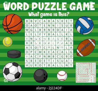 Palline sportive sul foglio di lavoro del gioco di puzzle di ricerca della parola. Griglia di quiz per bambini, gioco di testo per bambini, pagina vettoriale di puzzle logico con basket, tennis e calcio, bowling, pallavolo e baseball Illustrazione Vettoriale