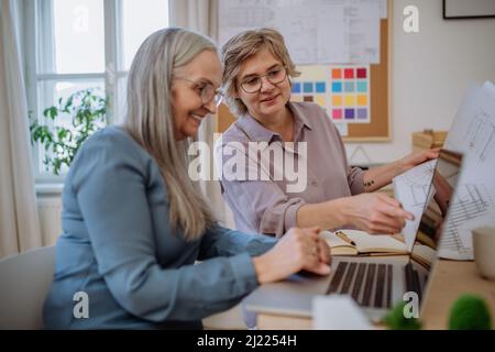 Donne mature eco architetti con progetti che lavorano insieme su notebook in ufficio. Foto Stock