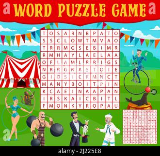 Grande top circus tenda circus e performer sulla parola ricerca puzzle quiz foglio di lavoro gioco. Giochi di puzzle per bambini, giochi di puzzle per bambini con mago, uomo forte e clown, animali da circo chapiteau Illustrazione Vettoriale