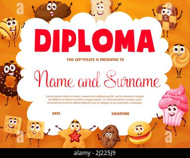 Diploma per bambini con panetteria cartoon, biscotti, dessert e biscotti. Certificato di istruzione per bambini o diploma con caratteri dolci per pasticceria. Modello vettoriale del documento premio per la laurea di bambino Illustrazione Vettoriale