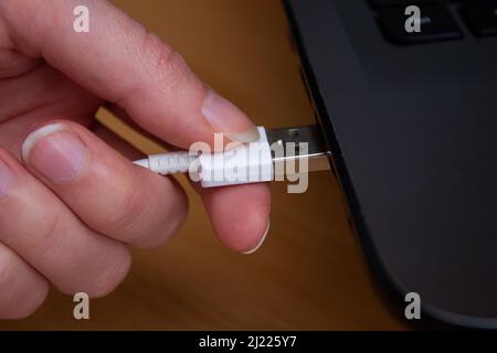 Foto da primo piano della mano che collega il cavo usb al computer portatile. Foto Stock