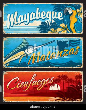 Mayabeque, Matanzas, Cienfuegos le regioni cubane di viaggio e adesivi. Province di Cuba segni vettoriali con bandiera e mappa, palme reali, pappagallo, fiori mariposa e paesaggi di spiaggia del Mar dei Caraibi Illustrazione Vettoriale