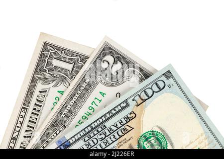 Banconote di Stati Uniti di. Dollari su sfondo bianco. Concetto aziendale. Una banconota da un dollaro. Primo piano Foto Stock