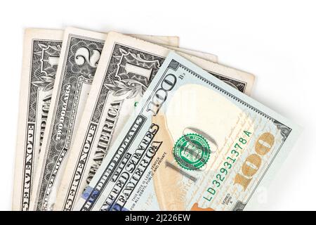 Banconote di Stati Uniti di. Dollari su sfondo bianco. Concetto aziendale. Una banconota da un dollaro. Primo piano Foto Stock