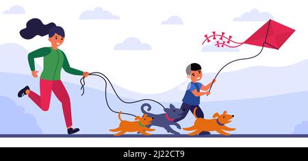 Donna che corre dopo i cani, e suo figlio dopo aquilone. Madre e ragazzo jogging all'aperto flat vettoriale illustrazione. Concetto di jogging familiare per banner, sito web Illustrazione Vettoriale