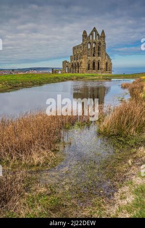 Le rovine della chiesa di St Hilda a Whitby, nello Yorkshire meglio conosciuta come Whitby Abbey, famosa come sfondo per il romanzo di Bram Stokers Dracula Foto Stock