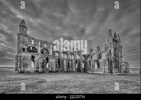 Le rovine della chiesa di St Hilda a Whitby, nello Yorkshire meglio conosciuta come Whitby Abbey, famosa come sfondo per il romanzo di Bram Stokers Dracula Foto Stock