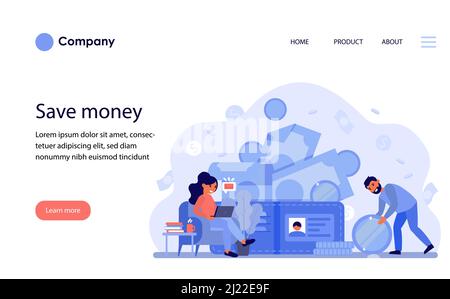 Coppia felice che guadagna soldi e contando il preventivo. Contanti, utilizzando il laptop, nuovo messaggio flat vettore illustrazione. Finanza, concetto di successo finanziario per banne Illustrazione Vettoriale