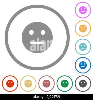 Icone di colore piatto a tinta unita con emoticon neutre con contorni rotondi su sfondo bianco Illustrazione Vettoriale
