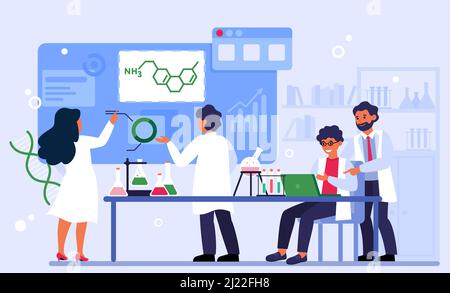 Chimica e concetto di laboratorio. Chimici che conducono l'esperimento. Team di scienziati che svolgono ricerche di laboratorio. Studenti che analizzano la reazione chimica, la studiina Illustrazione Vettoriale