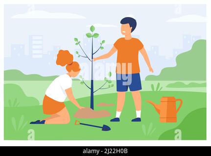 Coppia di bambini che fanno giardinaggio all'aperto. Ragazzo e ragazza che piantano alberi nel parco primaverile. Illustrazione vettoriale per ambiente, lavoro in giardino, volontariato bambini Illustrazione Vettoriale