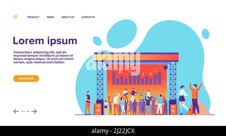 Felice gente che si diverte a rock concerto flat vettore illustrazione. Open festival all'aria aperta. Musicisti che suonano musica al parco. Stile di vita, musica e it Illustrazione Vettoriale