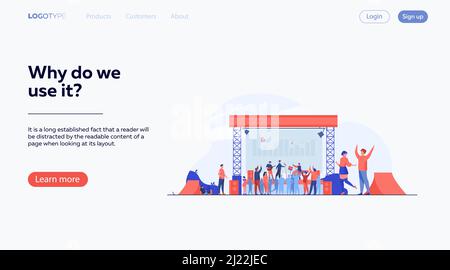 Felice gente che si diverte a rock concerto flat vettore illustrazione. Open festival all'aria aperta. Musicisti che suonano musica al parco. Stile di vita, musica e it Illustrazione Vettoriale