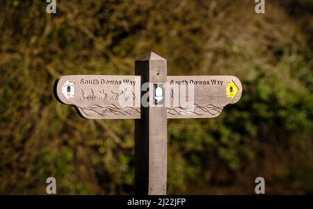 Un cartello per la South Downs Way al villaggio di Exton. A sinistra mostra l'uso della strada e della tangenziale e a destra mostra solo il sentiero. Foto Stock