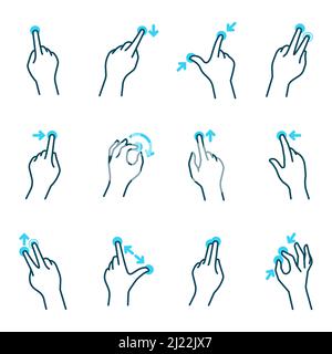 Diversi gesti per le mani del telefono impostati. Moderni movimenti delle dita per la raccolta di illustrazioni vettoriali sul touchscreen. Toccare, scorrere e pizzicare. Tecnico digitale Illustrazione Vettoriale