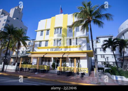 Dettaglio degli edifici Art Deco su Ocean Drive a Miami : Leslie Hotel Ocean Drive Foto Stock