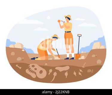 Archeologo alla scoperta dei resti dei dinosauri. Uomini che scavano terreno in cava e puliscono le ossa. Illustrazione vettoriale per archeologia, paleontologia, scienc Illustrazione Vettoriale