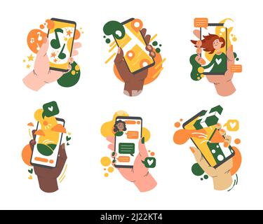 Smartphone con diverse mani e app set. Moderni gadget portatili cartoon, telefoni cellulari e collezione di illustrazioni vettoriali ARM. Comunicazione A. Illustrazione Vettoriale