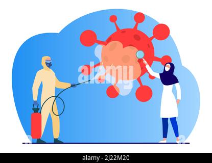 Arabi in costumi di protezione disinfettare zona da virus. Coronavirus, maschera, lente di ingrandimento, immagine vettoriale piatta. Concetto di pandemia e prevenzione per Illustrazione Vettoriale