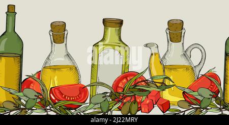 Sfondo senza cuciture con olive, pomodoro e olio d'oliva in bottiglia, illustrazione vettoriale disegnata a mano. Cornice decorativa senza fine per il mediterraneo, italiano Illustrazione Vettoriale
