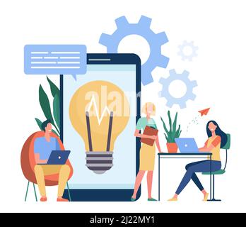 Incontri di lavoro in spazi di co-working. Il team aziendale condivide idee e discute di progetti. Per lavoro, comunicazione, brainstorming, cooperat Illustrazione Vettoriale