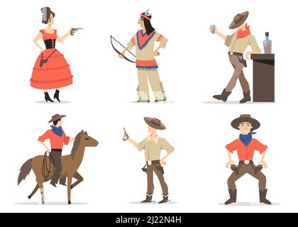 Set di personaggi delle storie dei cowboy. Tradizionali residenti occidentali selvatici, indiani rossi, rodeo con cavallo a cavallo al lasso, sceriffo che beve whiskey in saloon. FO Illustrazione Vettoriale